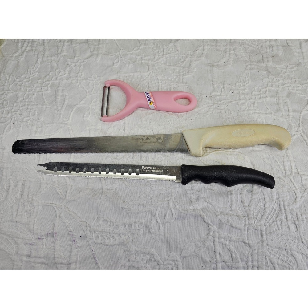 Forever‎ Sharp Update Kiwi Knife Peeler Set 3pc Pink Black Cream Good Serrated